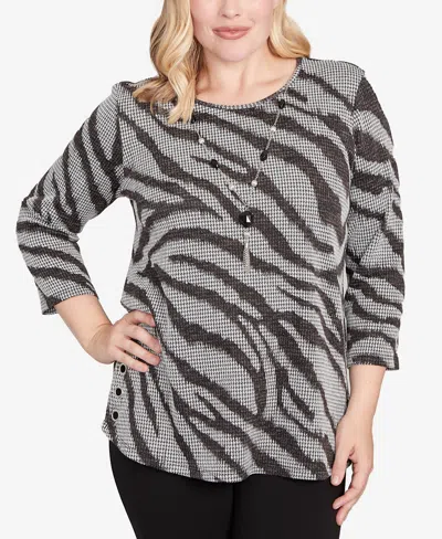 Alfred Dunner Jet Setter Animal Houndstooth Top With Necklace In Gray
