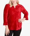 Alfred Dunner Jet Setter Crushed Velvet Henley Tie Sleeve Top In Red
