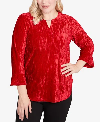 Alfred Dunner Jet Setter Crushed Velvet Henley Tie Sleeve Top In Red