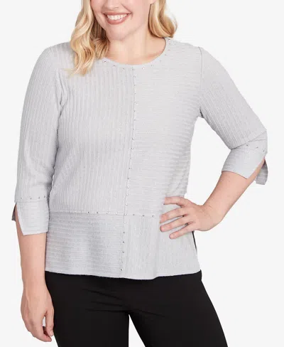 Alfred Dunner Jet Setter Heat Set Embellished Solid Knit Top In Gray