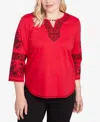 Alfred Dunner Jet Setter Knit Embroidered Sleeve Beaded Split Neck Top In Red