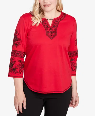 Alfred Dunner Jet Setter Knit Embroidered Sleeve Beaded Split Neck Top In Red