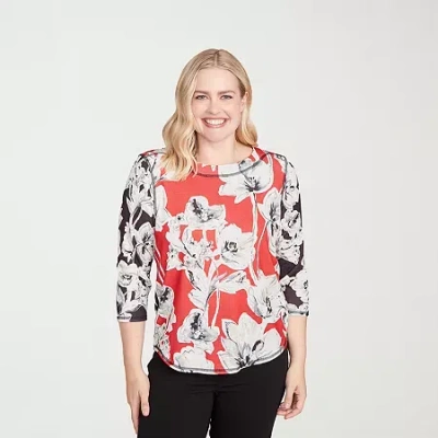 Alfred Dunner Jet Setter Womens Boat Neck 3/4 Sleeve T-shirt In Red