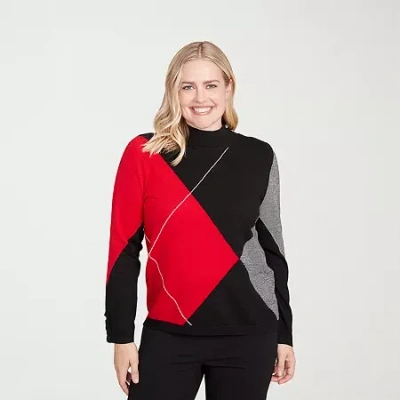 Alfred Dunner Jet Setter Womens Mock Neck Long Sleeve Argyle Pullover Sweater In Multi