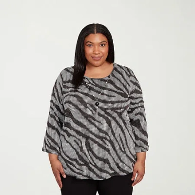 Alfred Dunner Plus Size Jet Setter Animal Houndstooth Top With Necklace In Black