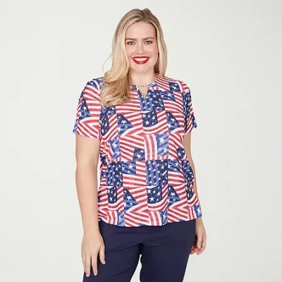 Alfred Dunner Lady Liberty Womens Split Crew Neck Short Sleeve T-shirt In Multi