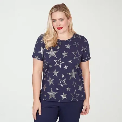 Alfred Dunner Lady Liberty Womens Square Neck Short Sleeve T-shirt In Blue