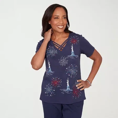 Alfred Dunner Lady Liberty Womens V Neck Short Sleeve T-shirt In Blue