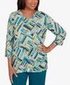 Alfred Dunner Petite Lake Champlain Detailed V Neck Brushstroke Top In Multi