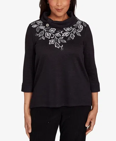 ALFRED DUNNER WOMEN'S LAKE CHAMPLAIN LEAF EMBROIDERED RIB NECK TOP