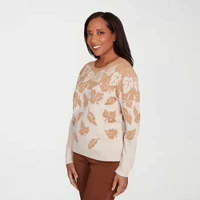 Alfred Dunner Mount Laurel Womens Crew Neck 3/4 Sleeve Leaf Pullover Sweater In Sand