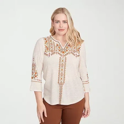 Alfred Dunner Mount Laurel Womens Split Crew Neck 3/4 Sleeve T-shirt In Sand