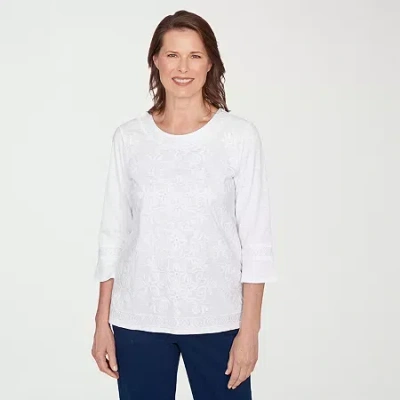 Alfred Dunner Mykonos Womens Crew Neck 3/4 Sleeve T-shirt In White