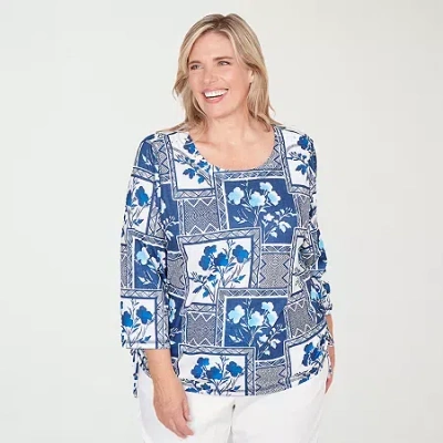 Alfred Dunner Plus Size Mykonos Framed Floral Ruched Side Tie Top In Blue