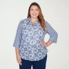 Alfred Dunner Plus Size Mykonos Geometric Button Front Closure Collared Top In Blue