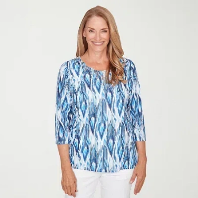 Alfred Dunner Mykonos Womens Round Neck 3/4 Sleeve T-shirt In Blue