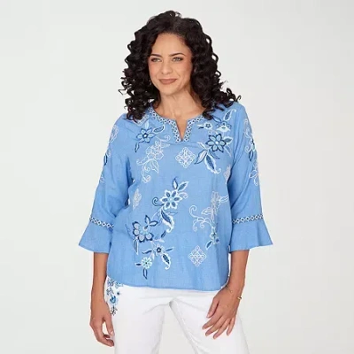 Alfred Dunner Mykonos Womens Split Crew Neck 3/4 Sleeve Embroidered Blouse In Blue