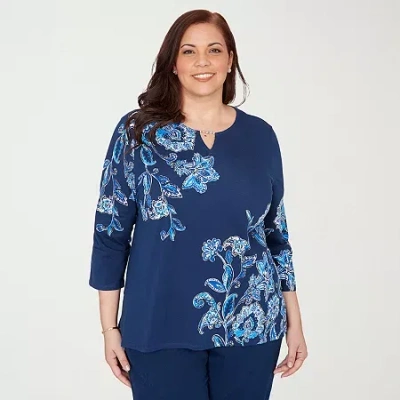 Alfred Dunner Mykonos Womens Split Crew Neck 3/4 Sleeve T-shirt In Blue