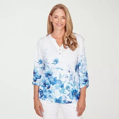 Alfred Dunner Mykonos Womens Y Neck 3/4 Sleeve T-shirt In White