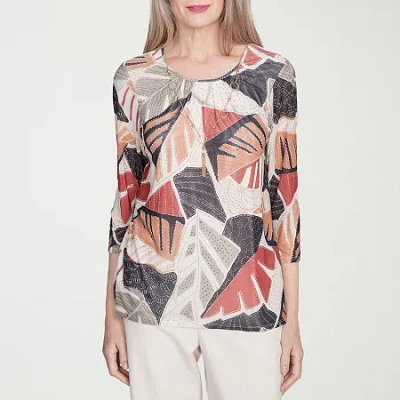 Alfred Dunner Natural Instinct Womens Crew Neck 3/4 Sleeve Stretch Fabric T-shirt In White