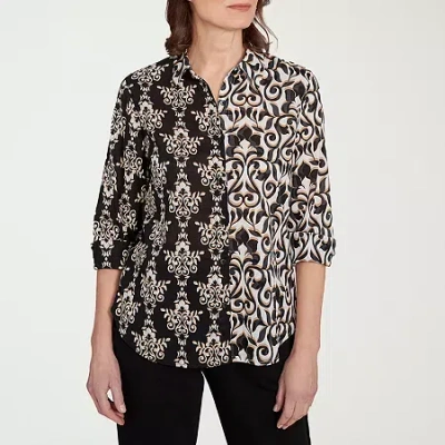 Alfred Dunner Natural Instinct Womens Cuffed 3/4 Sleeve Button-down Shirt In Black
