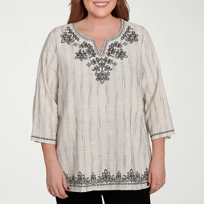 Alfred Dunner Natural Instinct Womens Plus Split Crew Neck 3/4 Sleeve Embroidered Blouse In Black