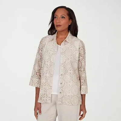 Alfred Dunner Natural Wonder Womens Crew Neck 3/4 Sleeve Blouse In Neutral