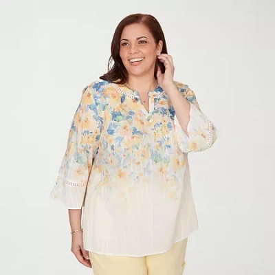 Alfred Dunner Plus Size Out Of The Blue Falling Floral Three Quarter Sleeve Top In Multi