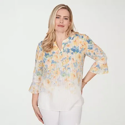 Alfred Dunner Out Of The Blue Womens Split Crew Neck 3/4 Sleeve Blouse In Neutral