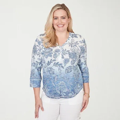Alfred Dunner Out Of The Blue Womens V Neck 3/4 Sleeve Blouse
