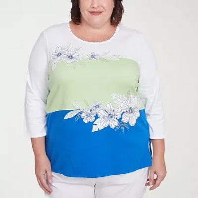 Alfred Dunner Parrot Cay Womens Plus Crew Neck 3/4 Sleeve T-shirt In Blue