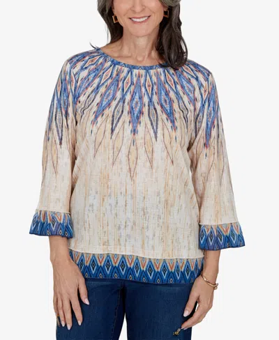Alfred Dunner Petite 3/4-sleeve Crewneck Allover-print Blouse In Blue Multi