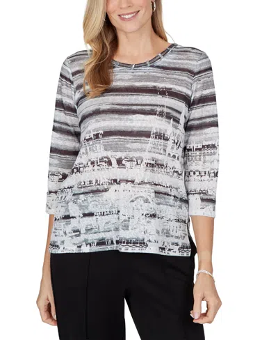 Alfred Dunner Petite 3/4-sleeve Crewneck Side-slit Blouse In Multi