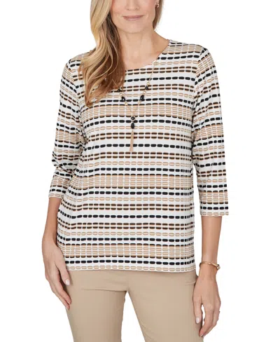 Alfred Dunner Petite 3/4-sleeve Crewneck Stripe Blouse In Animal Print