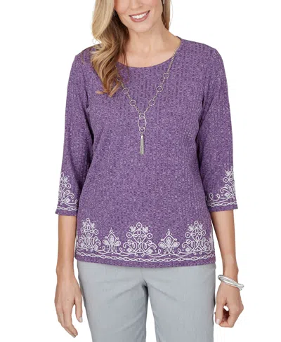 Alfred Dunner Petite 3/4-sleeve Embroidered Side-slit Blouse In Multi