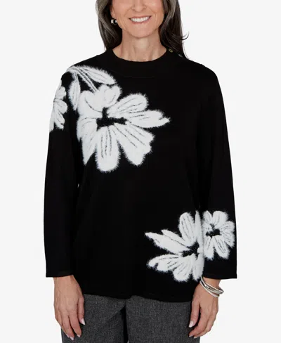 Alfred Dunner Petite 3/4-sleeve Floral Pullover Sweater In Black,ivory