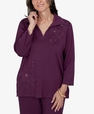 Alfred Dunner Petite 3/4-sleeve Floral-applique Knit Top In Plum