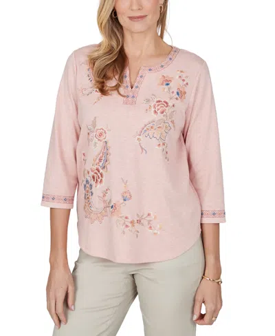 Alfred Dunner Petite 3/4-sleeve Floral-embroidered Henley Blouse In Multi