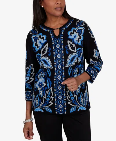 Alfred Dunner Petite 3/4-sleeve Floral-geometric Henley Pullover Sweater In Sapphire
