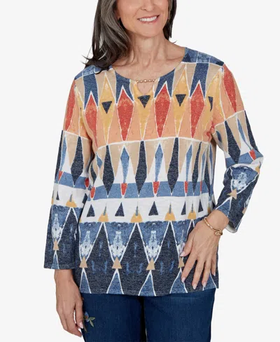 Alfred Dunner Petite 3/4-sleeve Henley Sweater In Blue Multi