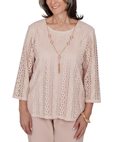 Alfred Dunner Petite 3/4-sleeve Lace Knit Blouse In Black