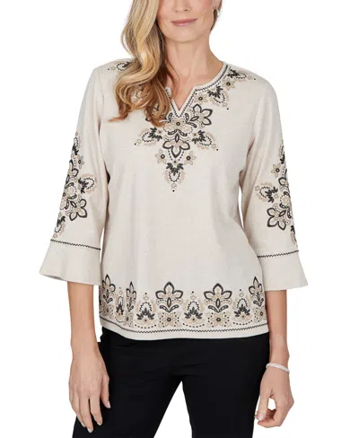 Alfred Dunner Petite 3/4-sleeve Side Slit Blouse In Neutral