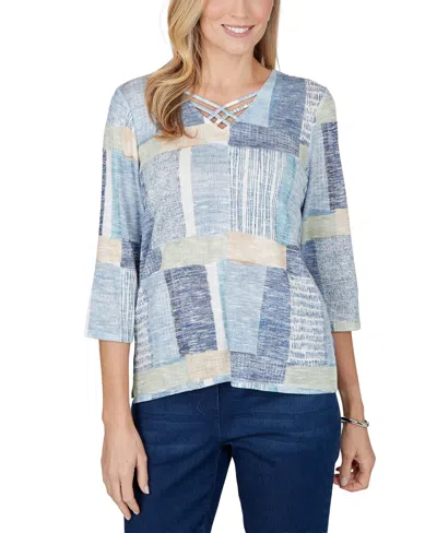 Alfred Dunner Petite 3/4-sleeve V-neck Side-slit Blouse In Blue