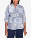 ALFRED DUNNER PETITE A FRESH START EMBROIDERED STRIPE PATCH BUTTON DOWN TOP