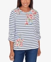 ALFRED DUNNER PETITE A FRESH START RUCHED SLEEVE STRIPED FLORAL TOP