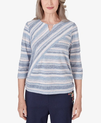 Alfred Dunner Petite A Fresh Start Spliced Stripe Ruched Shirttail Top In Multi