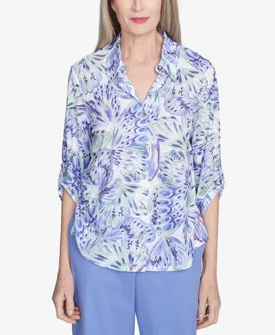 Alfred Dunner Petite Abstract Butterfly Button Front Top In Iris Multi