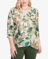 Alfred Dunner Petite Abstract Leaf Hem Top In Green