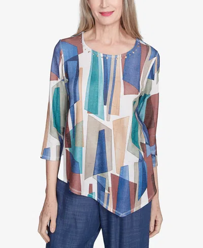 Alfred Dunner Petite Abstract Stained Glass Crew Neck Top In Navy Multi