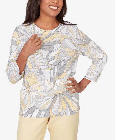 Alfred Dunner Petite Al Fresco Abstract Butterfly Ribbed Crew Neck Sweater In Multi